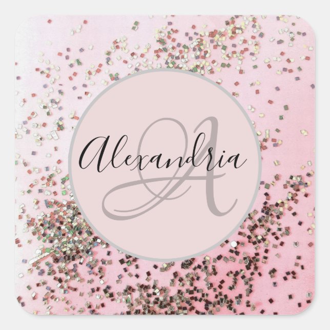 Monogram Personalized Champagne Pink Confetti  Square Sticker (Front)