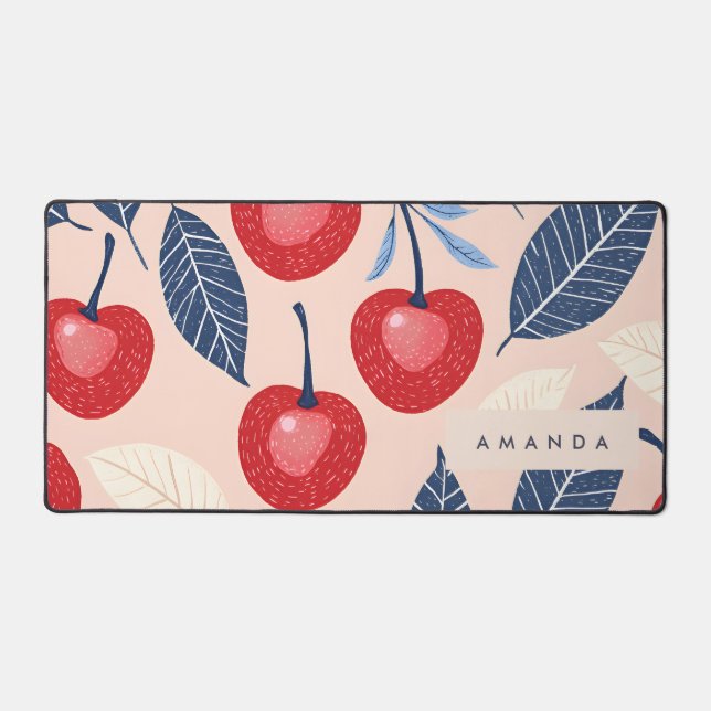 Monogram Personalized Cherry and Leaf Pattern Desk Mat (Front)