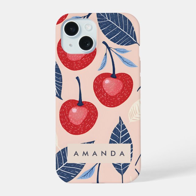 Monogram Personalized Cherry and Leaf Pattern Iphone Case (Back)