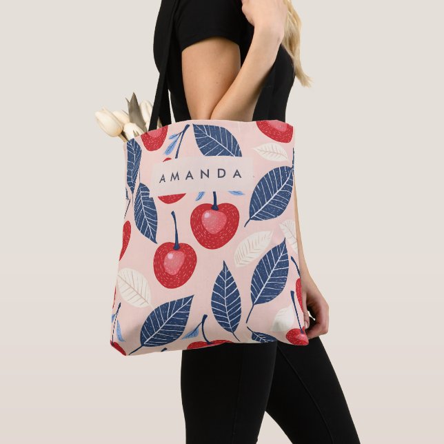 Monogram Personalized Cherry and Leaf Pattern Tote Bag (Close Up)