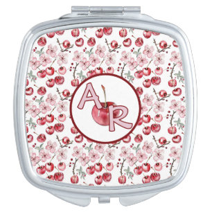 Monogram Personalized Cherry Blossom and Cherries Compact Mirror