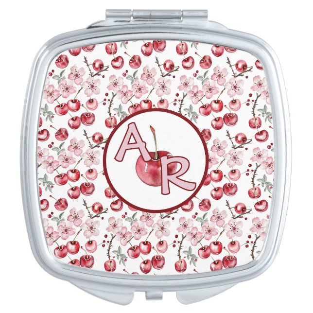 Monogram Personalized Cherry Blossom and Cherries Compact Mirror (Front)