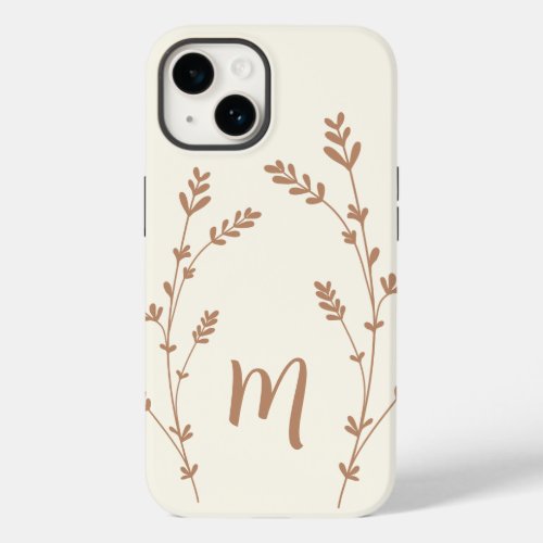 Monogram personalized chic leaves design brown Case_Mate iPhone 14 case