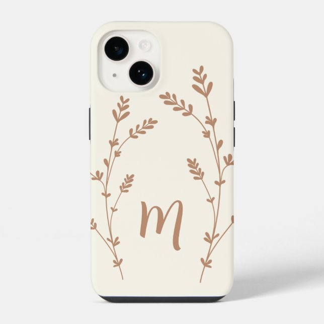 Monogram personalized chic leaves design brown iphone case (Back)