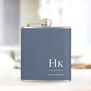 Monogram Personalized Classic Navy Blue White Flask