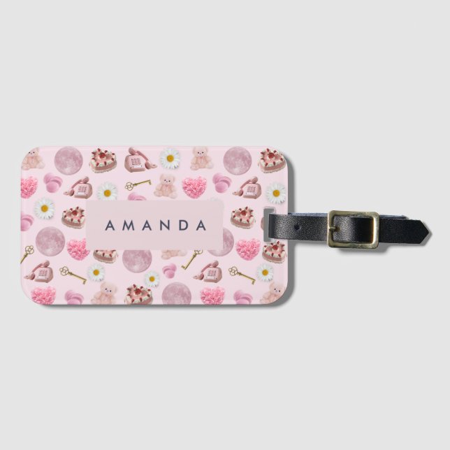 Monogram Personalized Coquette Pink Moon Feminine Luggage Tag (Front Horizontal)