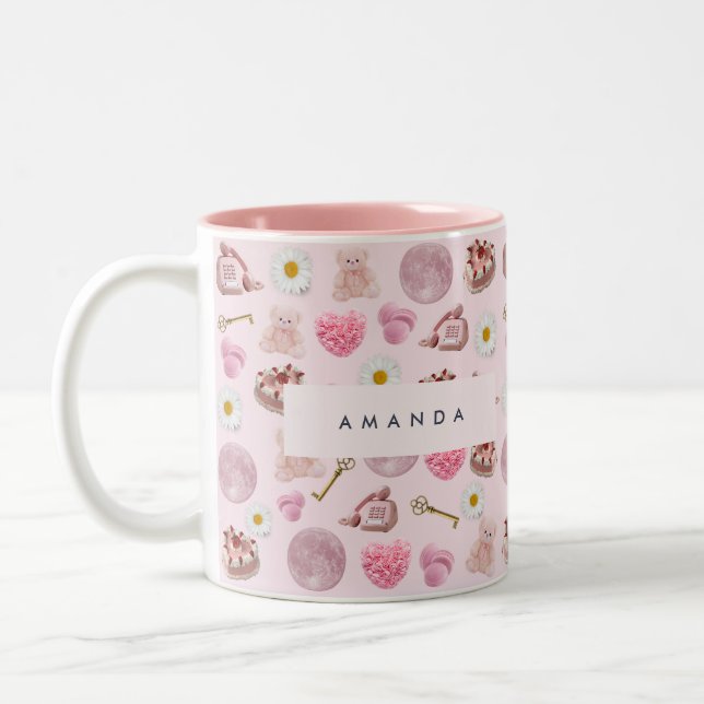Monogram Personalized Coquette Pink Moon Feminine  Two-Tone Coffee Mug (Left)