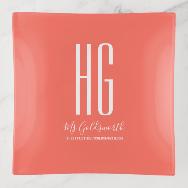 Monogram Personalized Coral Trinket Tray (Front)