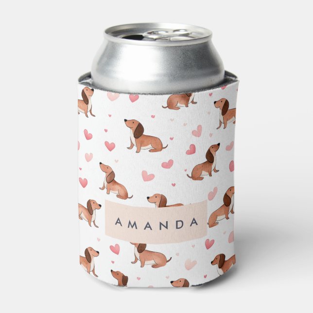 Monogram Personalized Cute Dachshund Dog Can Cooler (Can Front)