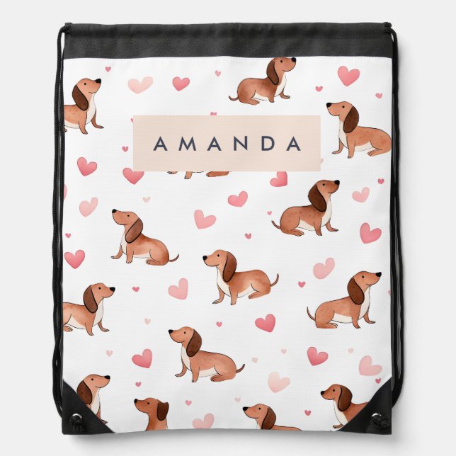 Monogram Personalized Cute Dachshund Dog Drawstring Bag (Front)