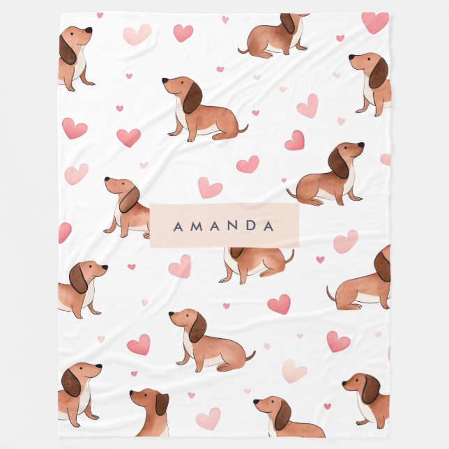 Monogram Personalized Cute Dachshund Dog Fleece Blanket (Front)