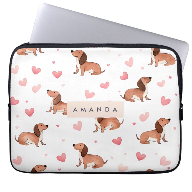 Monogram Personalized Cute Dachshund Dog Laptop Sleeve (Front)