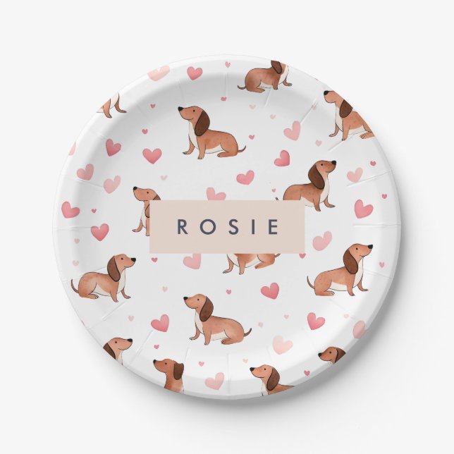 Monogram Personalized Cute Dachshund Dog Paper Plates (Front)