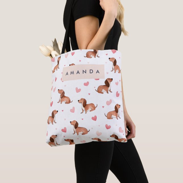 Monogram Personalized Cute Dachshund Dog Tote Bag (Close Up)
