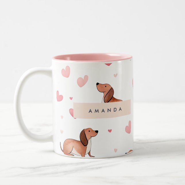 Monogram Personalized Cute Dachshund Dog Two-Tone Coffee Mug (Left)