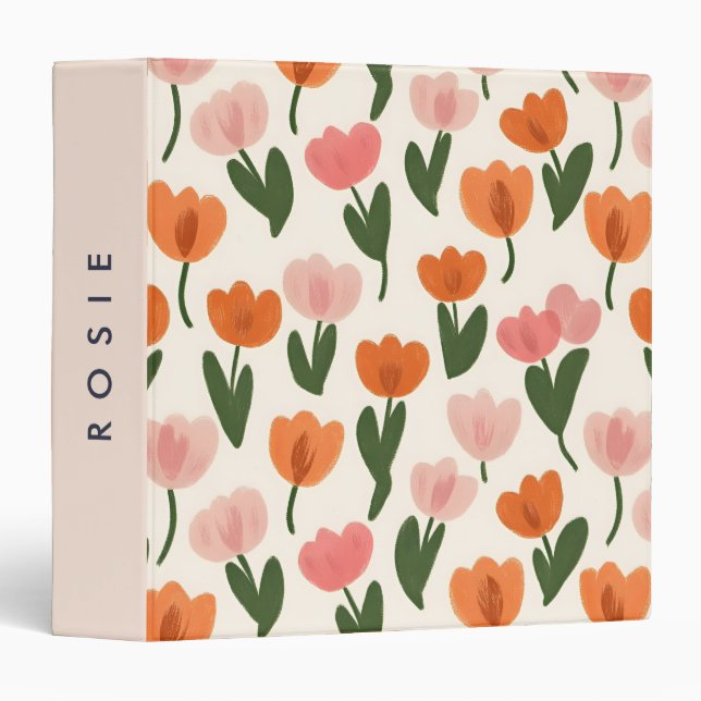 Monogram Personalized Cute Spring Tulip Pattern 3 Ring Binder (Front/Spine)