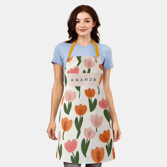 Monogram Personalized Cute Spring Tulip Pattern Apron (Worn)
