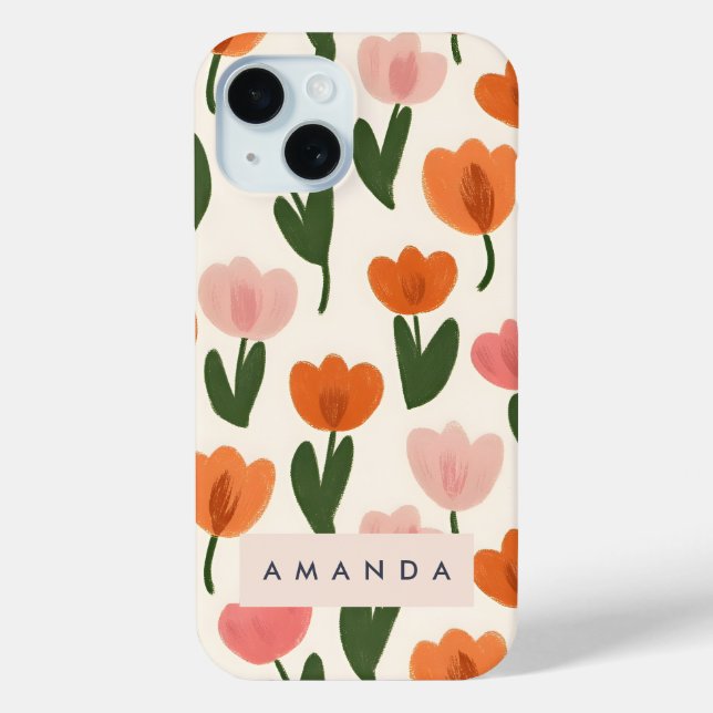 Monogram Personalized Cute Spring Tulip Pattern Case-Mate iPhone Case (Back)