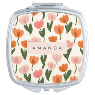 Monogram Personalized Cute Spring Tulip Pattern Compact Mirror