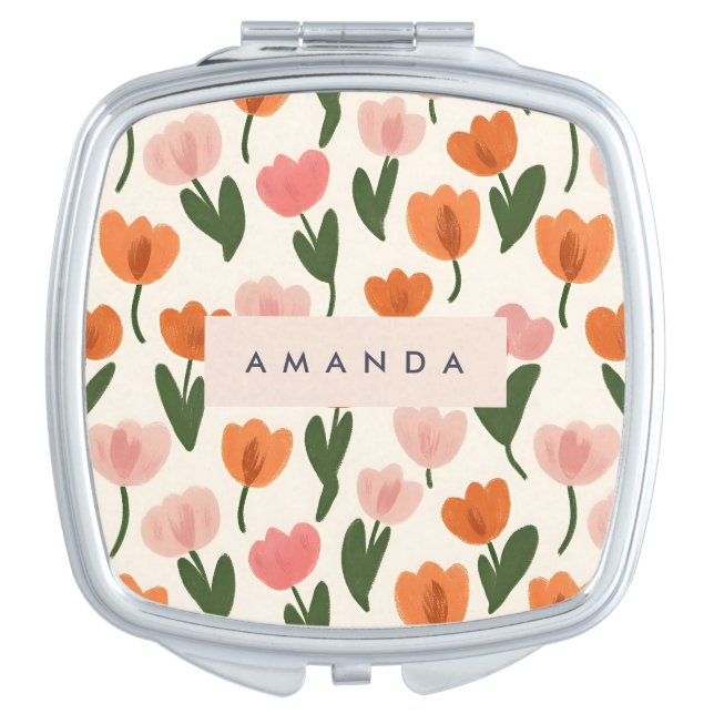 Monogram Personalized Cute Spring Tulip Pattern Compact Mirror (Front)