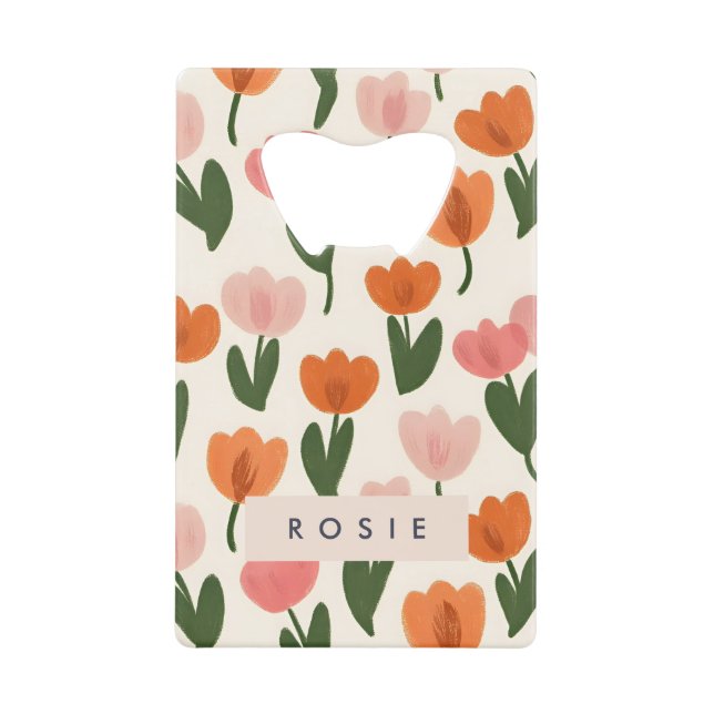 Monogram Personalized Cute Spring Tulip Pattern Credit Card Bottle Opener (Front)