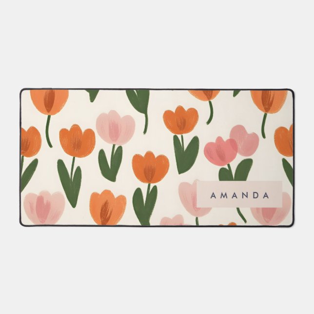 Monogram Personalized Cute Spring Tulip Pattern Desk Mat (Front)