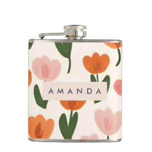 Monogram Personalized Cute Spring Tulip Pattern Flask