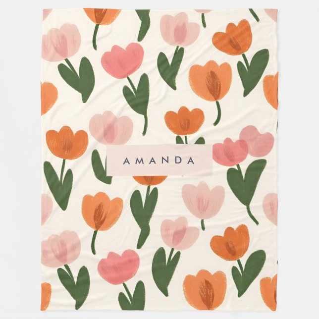 Monogram Personalized Cute Spring Tulip Pattern Fleece Blanket (Front)