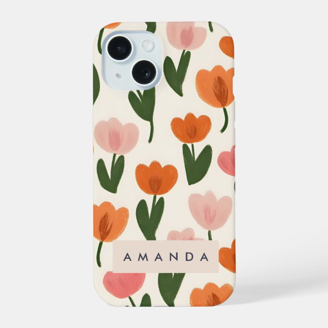 Monogram Personalized Cute Spring Tulip Pattern Iphone Case (Back)
