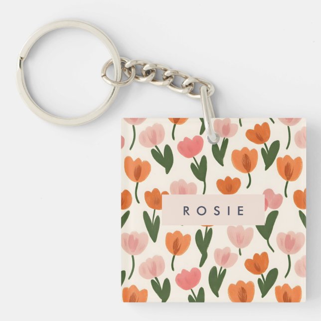 Monogram Personalized Cute Spring Tulip Pattern Keychain (Front)