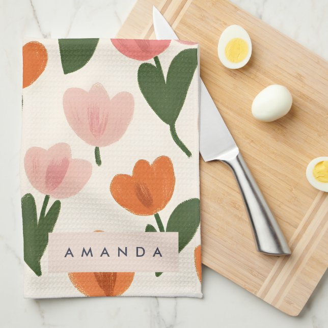 Monogram Personalized Cute Spring Tulip Pattern Kitchen Towel (Quarter Fold)