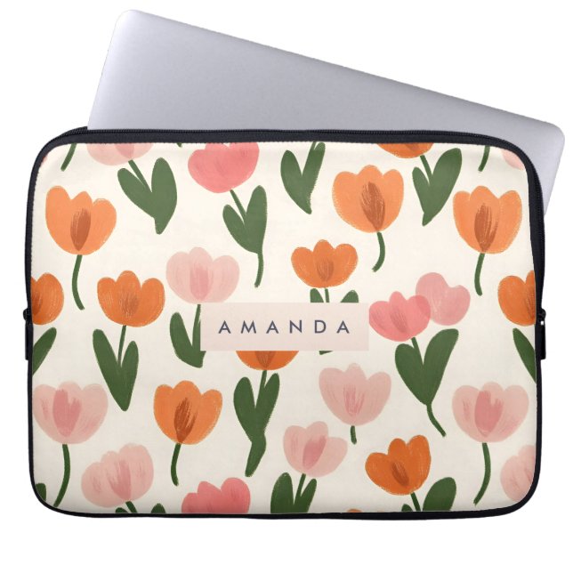Monogram Personalized Cute Spring Tulip Pattern Laptop Sleeve (Front)