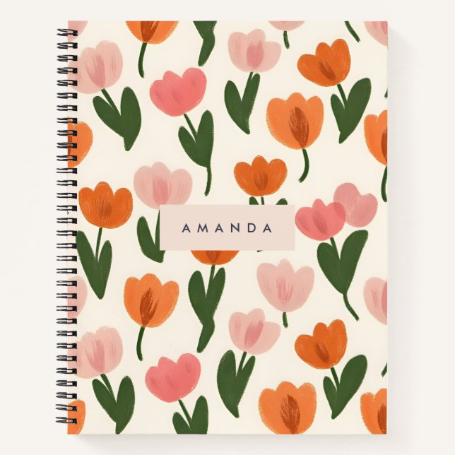 Monogram Personalized Cute Spring Tulip Pattern Notebook (Front)