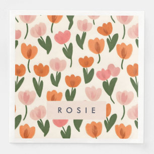 Monogram Personalized Cute Spring Tulip Pattern Paper Dinner Napkins