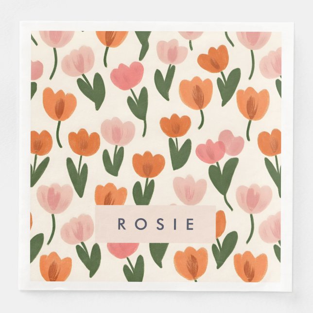 Monogram Personalized Cute Spring Tulip Pattern Paper Dinner Napkins (Front)
