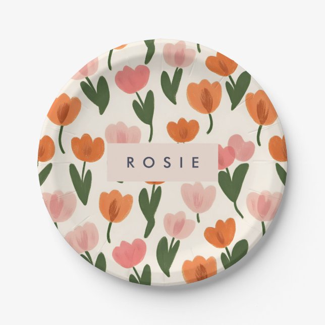 Monogram Personalized Cute Spring Tulip Pattern Paper Plates (Front)