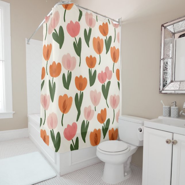 Monogram Personalized Cute Spring Tulip Pattern Shower Curtain (In Situ)