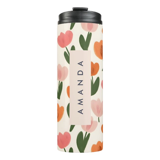 Monogram Personalized Cute Spring Tulip Pattern Thermal Tumbler (Front)