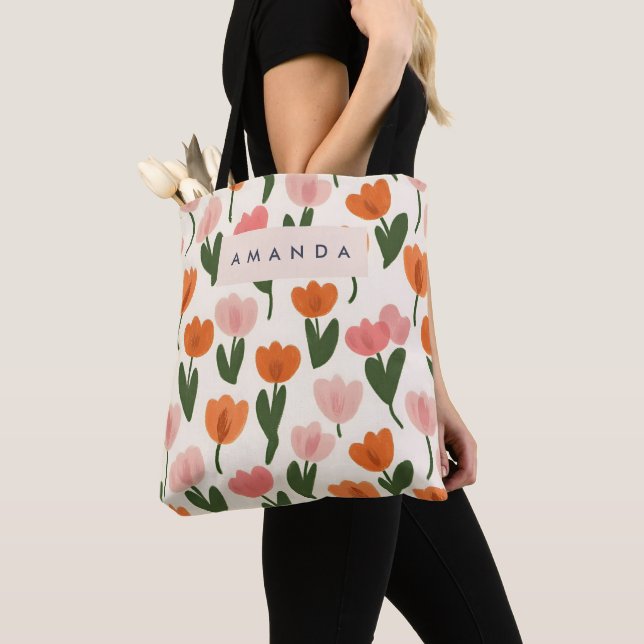 Monogram Personalized Cute Spring Tulip Pattern Tote Bag (Close Up)