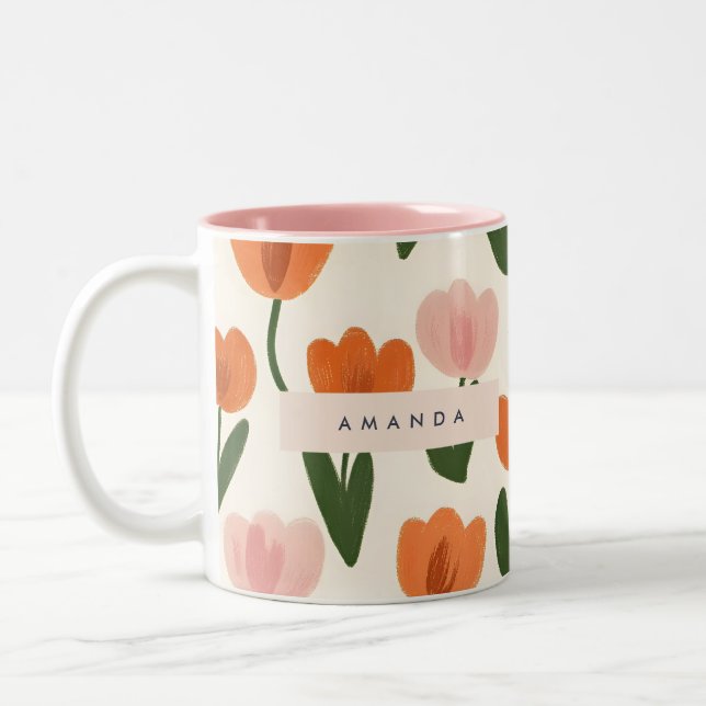Monogram Personalized Cute Spring Tulip Pattern Two-Tone Coffee Mug (Left)