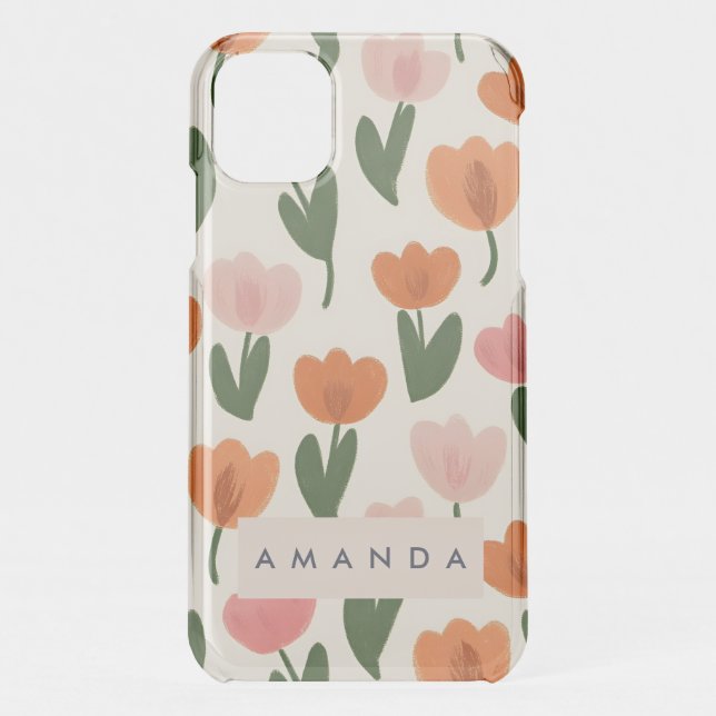 Monogram Personalized Cute Spring Tulip Pattern Uncommon iPhone Case (Back)