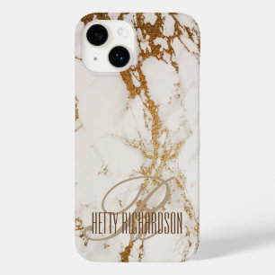 Monogram Personalized Elegant Glitter White Marble Case-Mate iPhone 14 Case