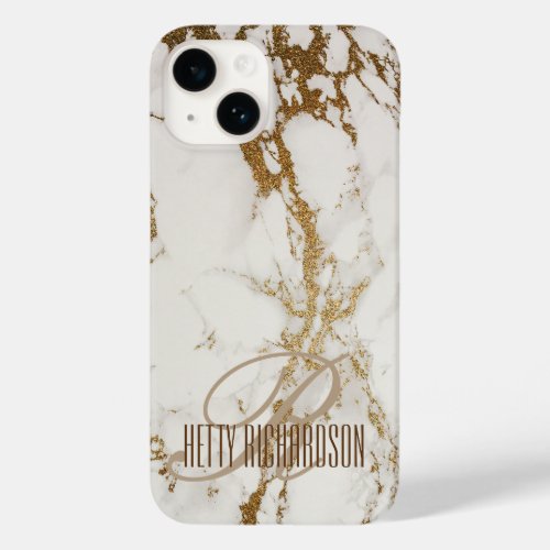 Monogram Personalized Elegant Glitter White Marble Case_Mate iPhone 14 Case