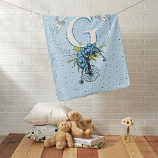 Monogram Personalized Elephant Blue Baby Boy Blanket