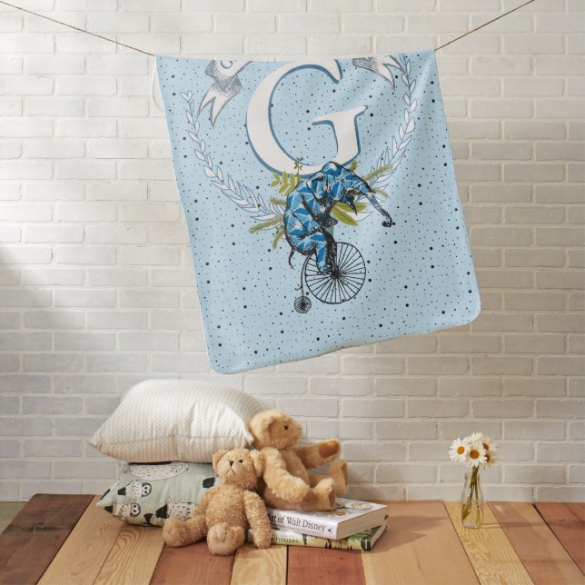 Monogram Personalized Elephant Blue Baby Boy Blanket (In Situ)
