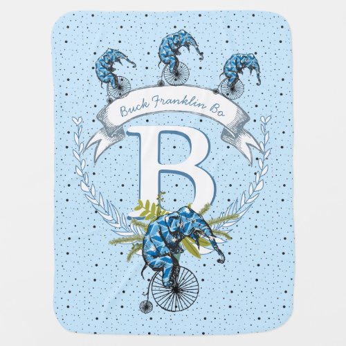 Monogram Personalized Elephant Blue Baby Boy Stroller Blanket