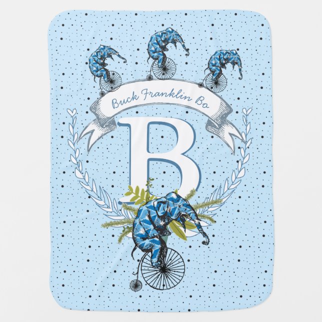 Monogram Personalized Elephant Blue Baby Boy Stroller Blanket (Front)