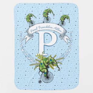 Monogram Personalized Elephant Blue Green Baby Boy Stroller Blanket