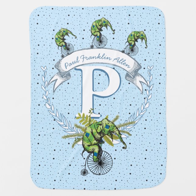 Monogram Personalized Elephant Blue Green Baby Boy Stroller Blanket (Front)