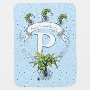 Monogram Personalized Elephant Blue Green Baby Boy Stroller Blanket